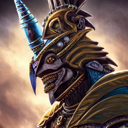 Image similar to horus from warhammer fantasy character portrait, ultra realistic, wide angle, intricate details, artifacts, luminous skies, highly detailed, highly detailed, cinematic lighting, unreal, natural tpose