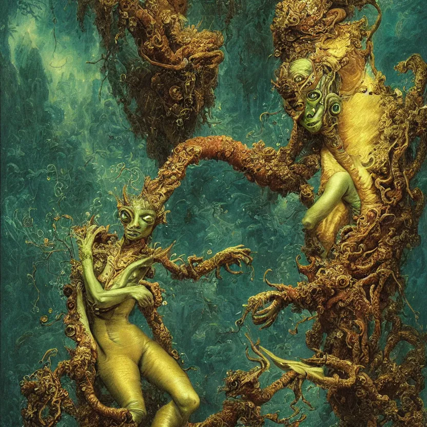 Prompt: a close - up rococo portrait of an iridescent alien elf - like creature with futuristic features standing in water, moss, and swamp. night time. rich colors, high contrast. gloomy, highly detailed 1 8 th century sci - fi fantasy masterpiece painting by jean - honore fragonard, moebius, and johfra bosschart. artstation