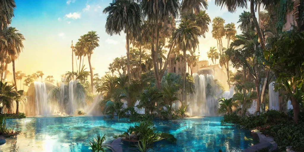 Image similar to beautiful oasis waterfalls surrounded by palm trees, moroccan tile archways, date trees, ivory towers, sun setting, ross tran, nephilim, pyroclastic flow, ethereal, fantasy, james jean, oozium, peter morbacher angelarium alchemy luxury heavenly light soft illumination, trending on artstation, cinematic lighting, digital painting, octane render, artgerm