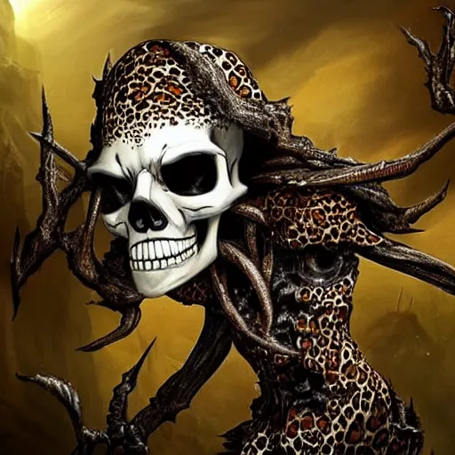 Image similar to Skull that look too much like skull!, crypt lurker!!, grasp of darkness!!!, 8k CG character rendering of a spider-like hunting female on its back, fangs extended, wearing a leopard-patterned dress, set against a white background, with textured hair and skin.