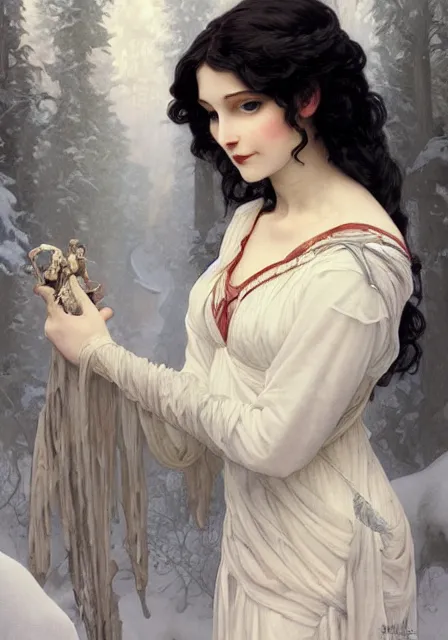 Image similar to snow white zombie mummy, intricate, elegant, highly detailed, digital painting, artstation, concept art, smooth, sharp focus, illustration, art by artgerm and greg rutkowski and alphonse mucha and william - adolphe bouguereau