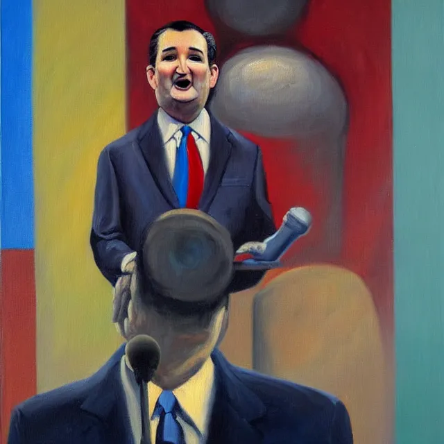 Image similar to an oil on canvas portrait painting of ted cruz giving a speech at the republican convention, surrealism, surrealist, cosmic horror, high detail