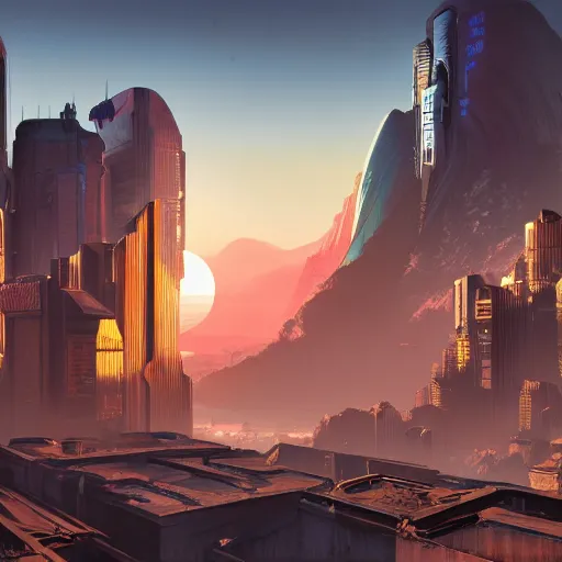 Prompt: beautiful sunset over detailed cyberpunk city in a valley surrounded by epic mountains with snowtops, sharp, highly detailed, hyperrealistic, kacper niepokolczycki, syd mead, 4 k, perfect geometry