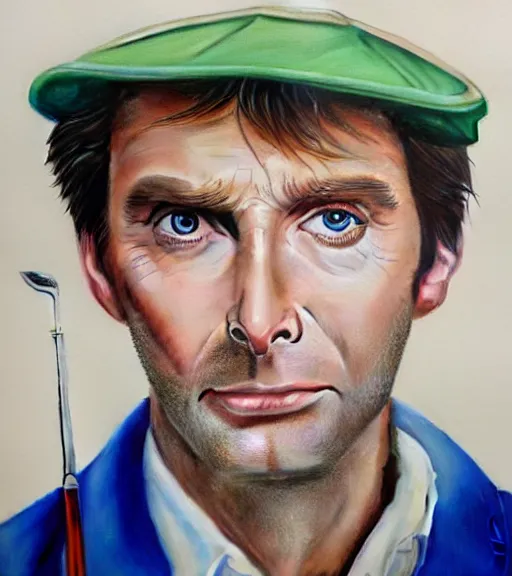 Prompt: portrait of david tennant as a golfer, white cap, beige and blue overstich, very detailed eyes, hyperrealistic, very detailed painting by Glenn Fabry, by Joao_Ruas