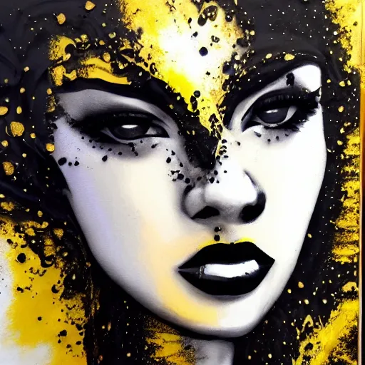 Image similar to liquid marble acrylic fluid paint, black ink, golden and black liquid materials, abstract art, beautiful female face