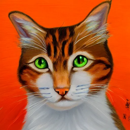 Image similar to oil painting of long - haired light and medium orange cat with green eyes, bushy tail, pointy ears, white whiskers, artistic, elegant,