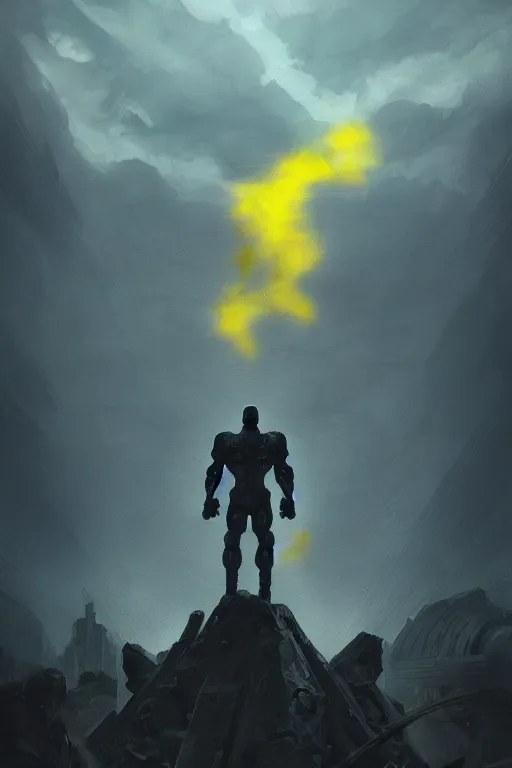 Image similar to a distant shot of a single super soldier with blue and yellow flag and standing alone on a huge pile of human skulls as a winner, masculine figure, D&D, fantasy, dark atmosphere, beam of lights through the clouds, intricate, elegant, highly detailed, extremely detailed, digital painting, artstation, concept art, matte, smooth, sharp focus, illustration, art by Artgerm and Greg Rutkowski and Alphonse Mucha