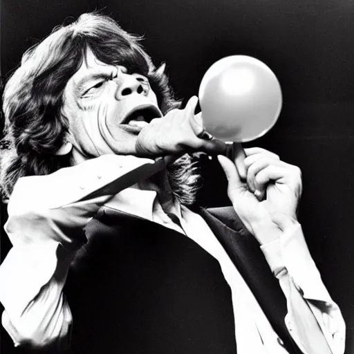 Image similar to Mick Jagger blowing a balloon