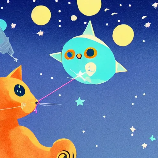 Prompt: a robot cat sitting in a tiny rocket among the stars with a little fish toy in its mouth