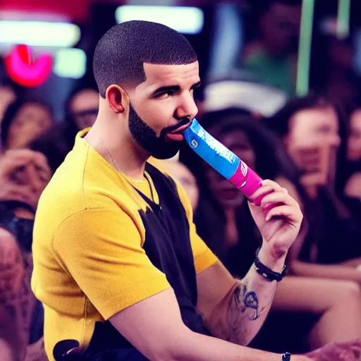 Prompt: a photograph of drake holding a banana up to his ear