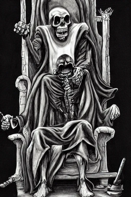 Image similar to grim reaper sitting in a throne, surrounded by your other personalities, by ed ( big daddy ) roth