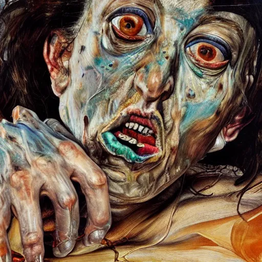 Prompt: high quality high detail painting by lucian freud and jenny saville, hd, crazy demonic witch, turquoise