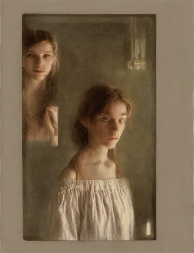 Image similar to peasant girl looking in a mirror in a bathroom, polaroid photo bleached vintage pastel colors high - key lighting, soft lights, foggy, by steve hanks, by lisa yuskavage, by serov valentin, by tarkovsky, detailed, oil on canvas