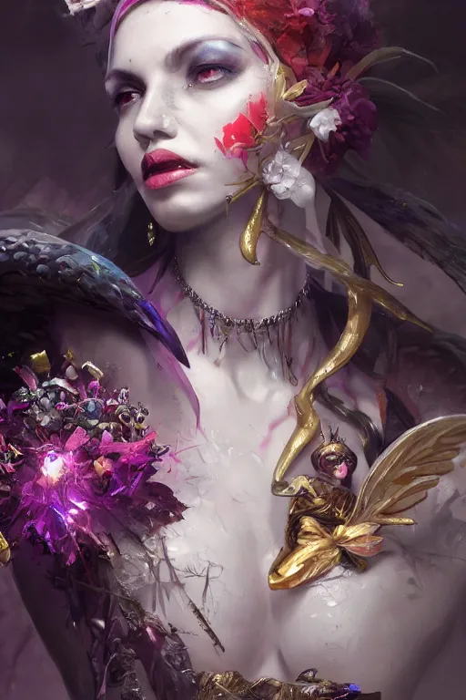 Image similar to face closeup of beautiful girl necromancer, witch - doctor covered with velvet exploding into crystals, angels, 3 d render, hyper realistic detailed portrait, holding magic flowers, ruan jia, wlop. scifi, fantasy, hyper detailed, octane render, concept art, peter mohrbacher