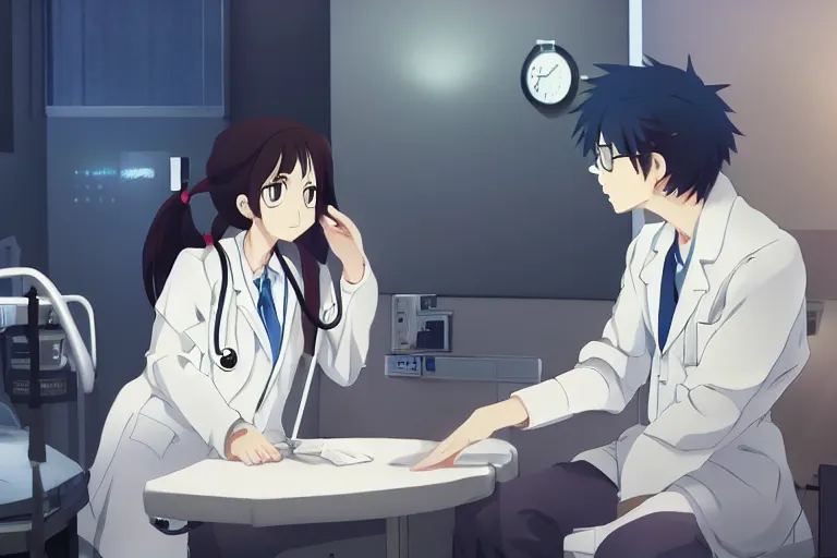 Image similar to a cute young female doctor wearing white coat are talking with an old surgeon in a hospital, slice of life anime, lighting, anime scenery by Makoto shinkai