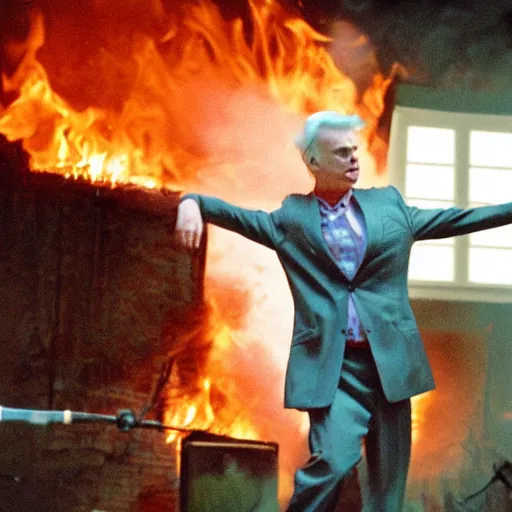 Prompt: David Byrne burning down his house