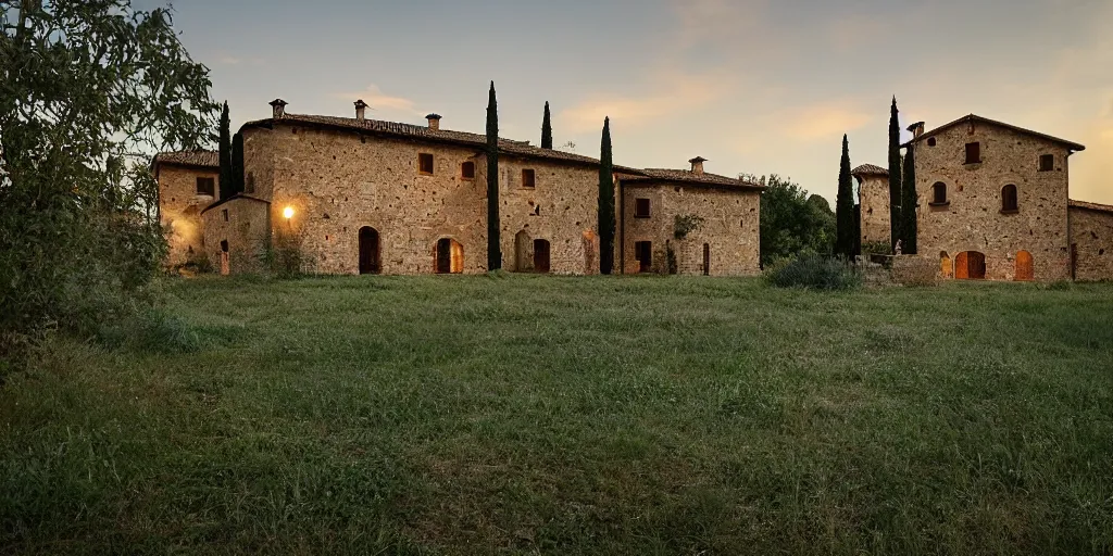 Image similar to a rustic medieval villa, beautiful tuscany landscape, cinematic, bokeh, kodak gold 2 0 0, unreal engine