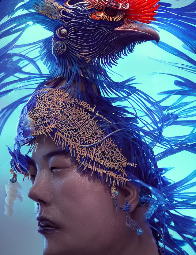 Image similar to 3 d shaman close - up profile portrait. beautiful intricately detailed japanese crow kitsune mask and clasical japanese kimono. betta fish, jellyfish phoenix, bio luminescent, plasma, ice, water, wind, creature, artwork by tooth wu and wlop and beeple and greg rutkowski