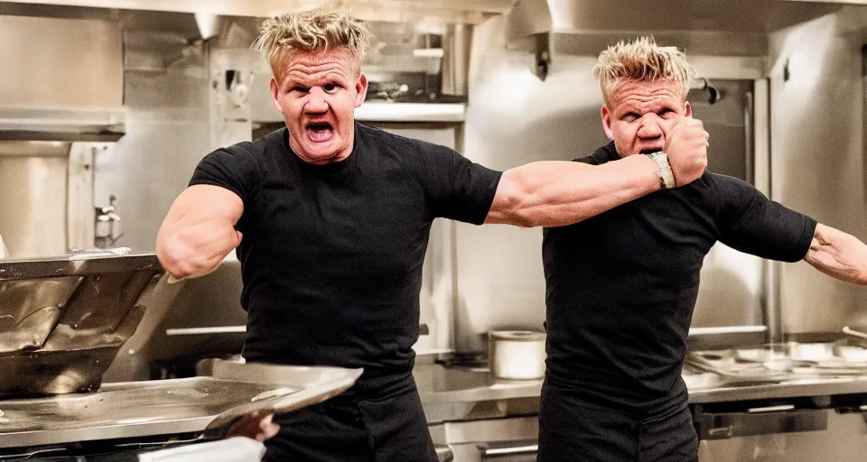 Image similar to photo of angry furious Gordon Ramsay punching Gordon Ramsay at the kitchen