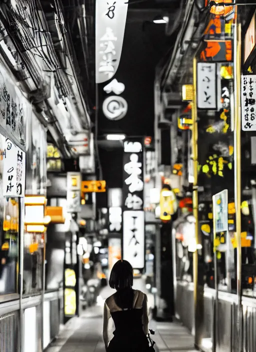 Image similar to symmetry!! a 2 8 mm photo from the back of a woman in tokyo, seen from a distance, long exposure, splash art, movie still, bokeh, canon 5 0 mm, cinematic lighting, dramatic, film, photography, golden hour, depth of field, award - winning, anamorphic lens flare, 8 k, hyper detailed, 3 5 mm film grain