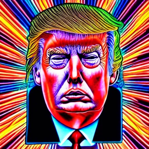 Prompt: alex grey illustration of Donald trump with psychedelic visions expanding outward from his mind