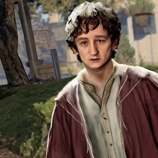 Prompt: Frodo Baggins as a grand theft auto 5 character, beat up