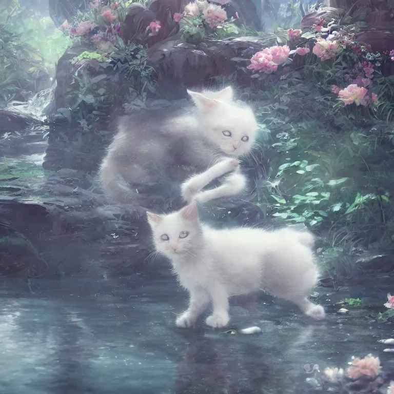 Prompt: a painting of a cute kitten at a river. character design by cory loftis, fenghua zhong, ryohei hase, ismail inceoglu and ruan jia. volumetric light, detailed, rendered in octane