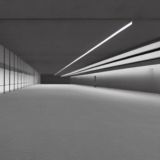 Image similar to a parking garage filled with lots of parking lights, a digital rendering by tadao ando, cg society, brutalism, vray tracing, vray, volumetric lighting