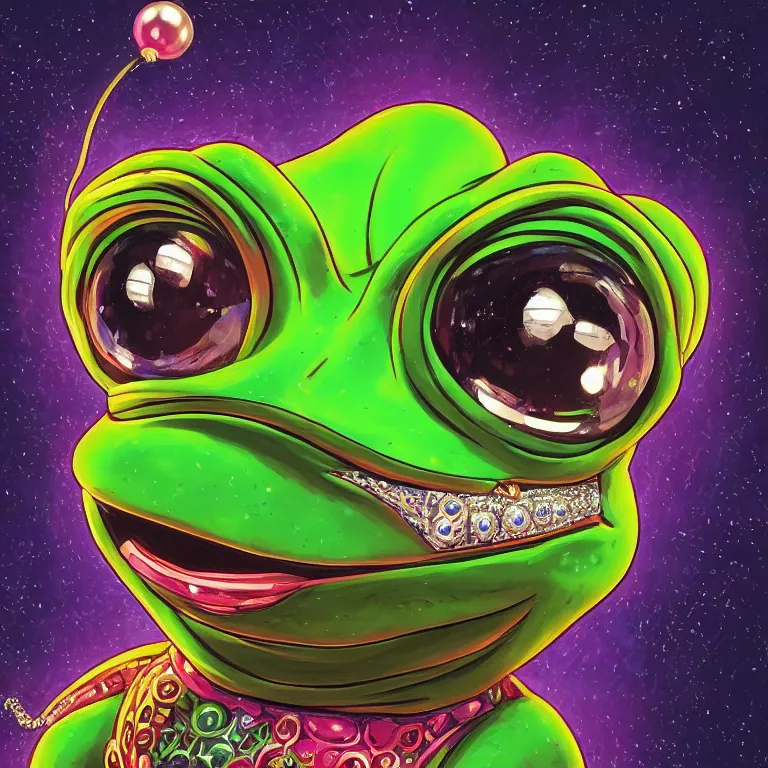 Image similar to maximalist detailed gemstone pepe the frog by adoryanti, machine. delusions, holosomnia, electrixbunny, rendered in discodiffusion. decorated with pearls and gems, behance hd by jesper ejsing, by rhads, makoto shinkai, ilya kuvshinov, rossdraws global illumination ray tracing hdr radiating a glowing aura