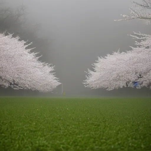 Image similar to a photograph of a white concrete cube sitting center frame in the middle of a cherry blossom forest, foggy, liminal