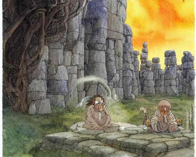 Prompt: a hyperrealist studio ghibli watercolor fantasy concept art of a giant long haired medieval monk with his heads down in lotus position in stonehenge with a starry sky in the background. a giant rocket ship from independence day ( 1 9 9 6 ) is floating in the air. by rebecca guay, michael kaluta, charles vess