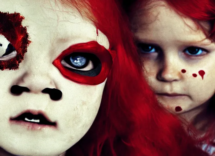 Prompt: a young red - haired girl with an eyepatch scaring little childrens, 4 k, dolby vision