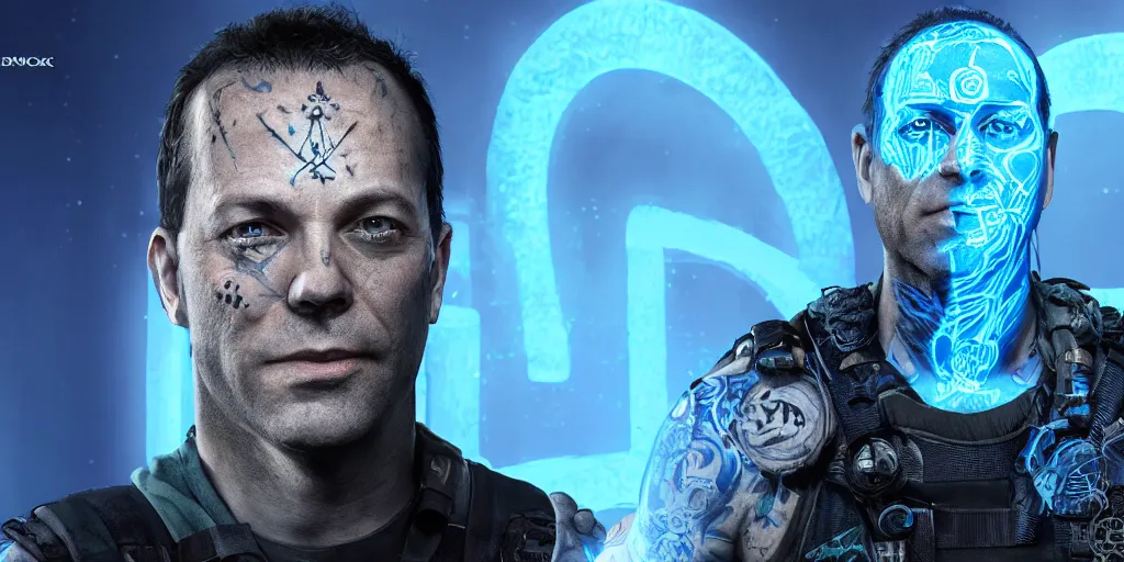 Image similar to phil spencer wild great portrait, microsoft cinematic lighting, glowing blue runes, concept art, with tattoos wearing tactical gear, intricate lights, high detailed face, 4 k,