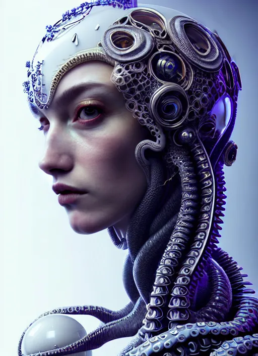 Prompt: portrait of an absurdly beautiful, graceful, sophisticated, fashionable cyberpunk mechanoid, hyperdetailed illustration by irakli nadar and alexandre ferra, intricate linework, white porcelain skin, faberge, octopus headdress, unreal engine 5 highly rendered, global illumination, radiant light, detailed and intricate environment