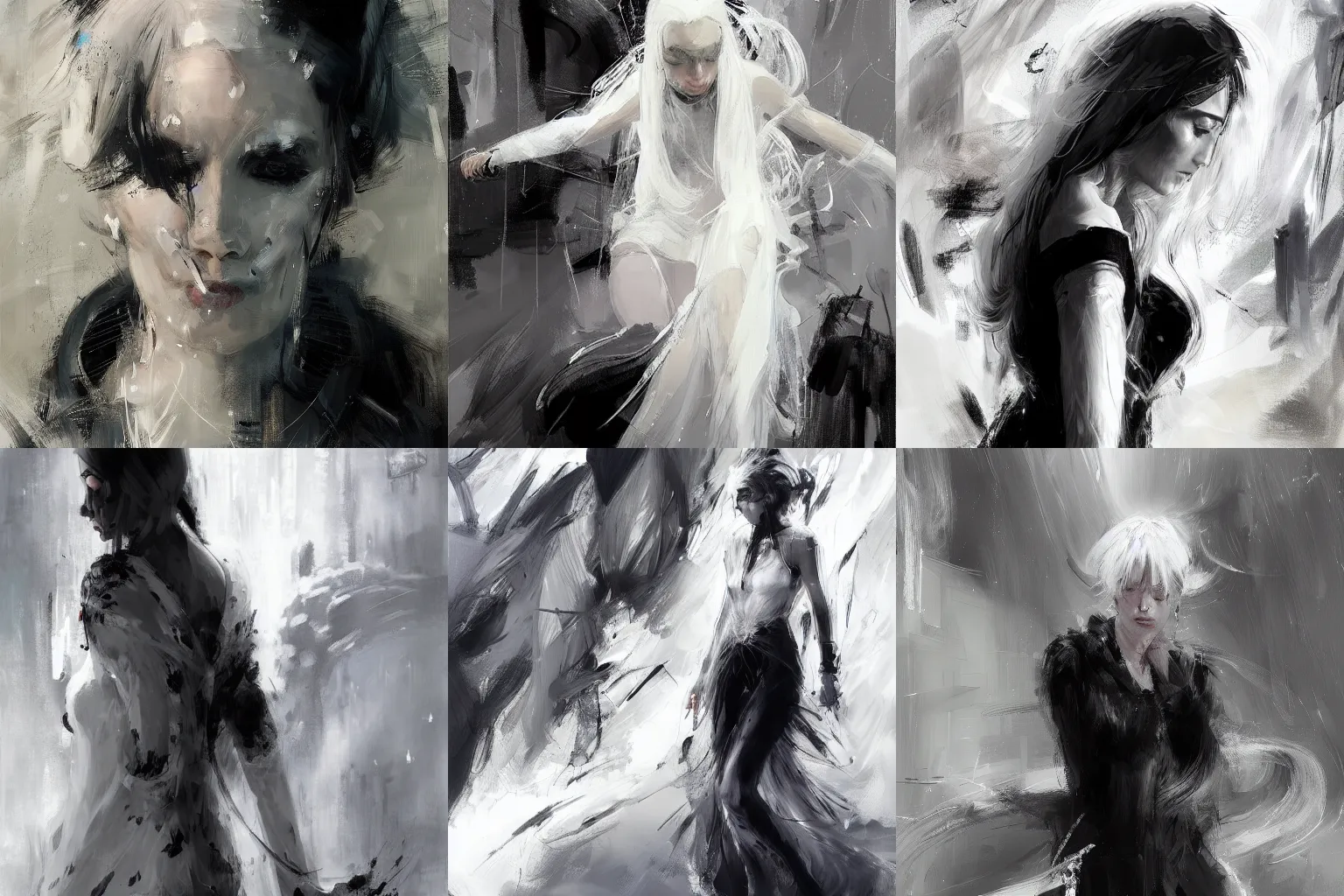 Prompt: Woman dressing black and long white white hair by Wadim Kashin