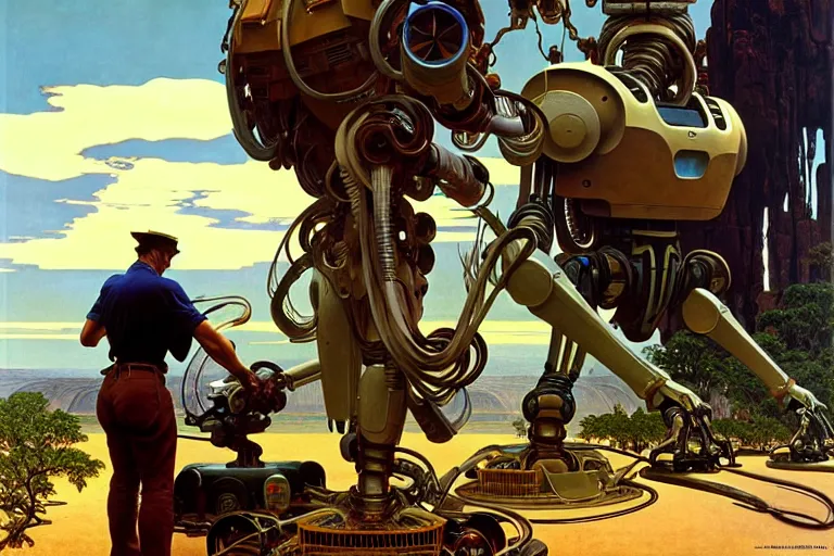 Image similar to natural american landscape | robot repairing another robot, painting by syd mead and weta studio, alphonso mucha, james jean, frank frazetta, highly detailed, rule of third, soft lighting, 8 k resolution, oil on canvas, architectural magazine, beautiful detailed, insanely intricate details, artstation trending, hypermaximalistic, high details, cinematic