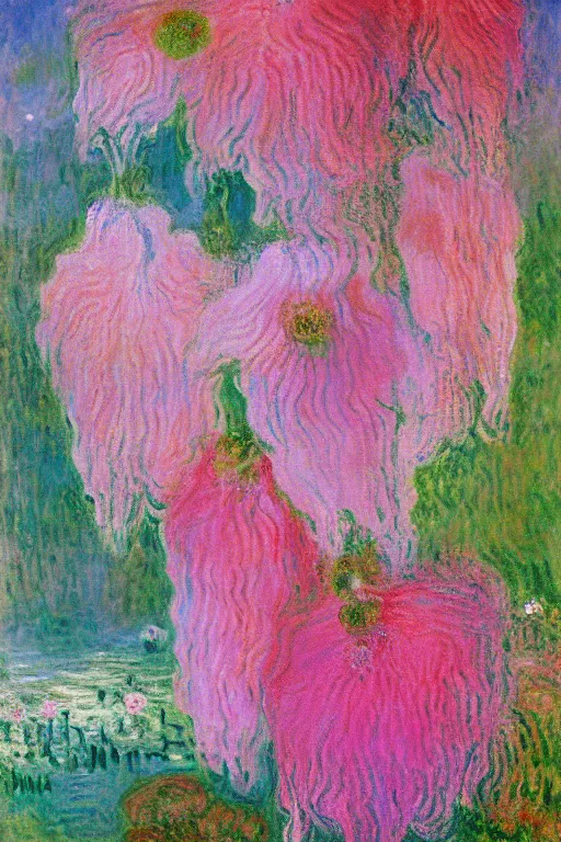 Prompt: a cluster of pink dripping clematis liquefying dripping with pink paint by claude monet by salvador dali, oil on canvas