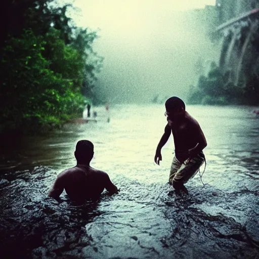 Image similar to location : river, action : man saving child from drowning, atmosphere : rainy. vfx, golden ratio, sharp focus, dramatic lighting, hdr shadows, very detailed, extra crisp, dramatic lighting, hollywood style, at behance, at netflix, with instagram filters, photoshop, adobe lightroom, adobe after effects, taken with polaroid kodak portra