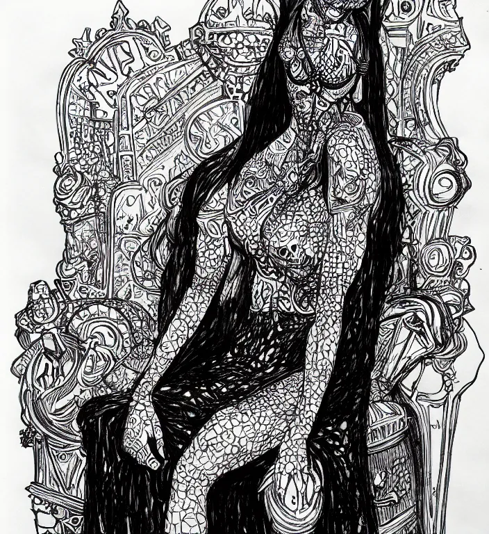 Image similar to salome full figure sitting on throne sketchbook ink drawing by james jean very detailed high contrast