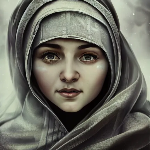 Prompt: A close up futuristic portrait of a babushka on the street of a Russian sleeping quarters on the moon, Norilsk, sci-fi, fantasy, intricate, very very beautiful, elegant, highly detailed, digital painting, artstation, concept art, smooth, sharp focus, illustration, art by artgerm and greg rutkowski and alphonse mucha