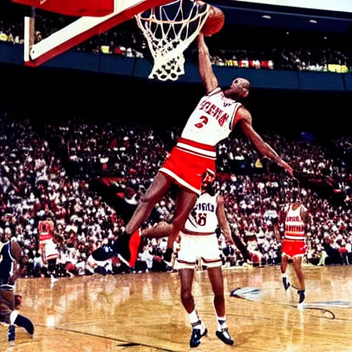 Image similar to jfk dunking on michael jordan. 1990s.