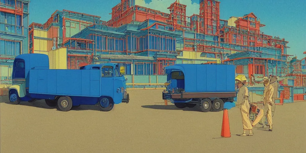 Image similar to a little blue truck with a construction site in the background, acid and dreaming psychedelic hallucinations, by kawase hasui, moebius and edward hopper, colorful flat surreal design, hd, 8 k, artstation