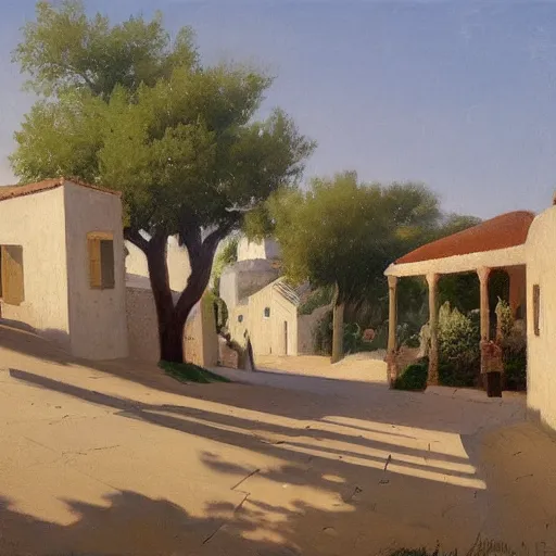 Prompt: a beautiful painting of a mediterranean village in summer by peter ilsted, whitewashed housed, cyan shutters on windows, trending and featured on artstation and behance