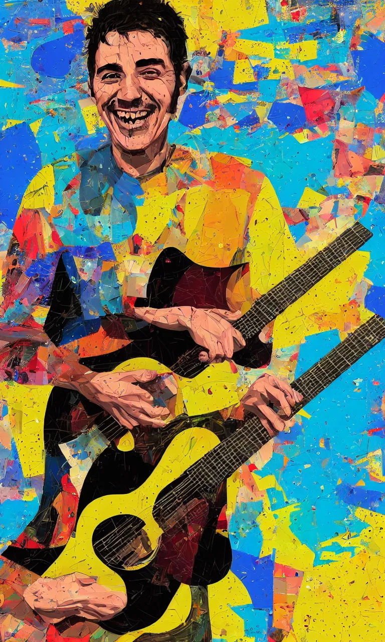 Image similar to random smiling funny guy with guitar, pop art, aesthetic art, 8 k, asymmetrical, high details, digital painting, concept art, smooth, beautiful, full body perfect, sharp focus, illustration, intricate, art by arstation and mimmo rotella, pixels art by paul robertson