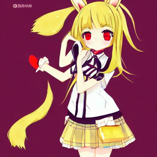 Prompt: japanese anime highschool girl named kemomimi-chan with fox ears and tail, blond hair and fur, collar bell, amber green sailor uniform and red miniskirt, art, digital art trending on pixiv rankings