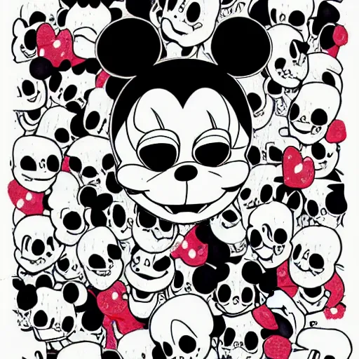 Image similar to anime manga skull portrait girl face mickey mouse simpsons detailed highres 4k warhol and James Jean pop art nouveau