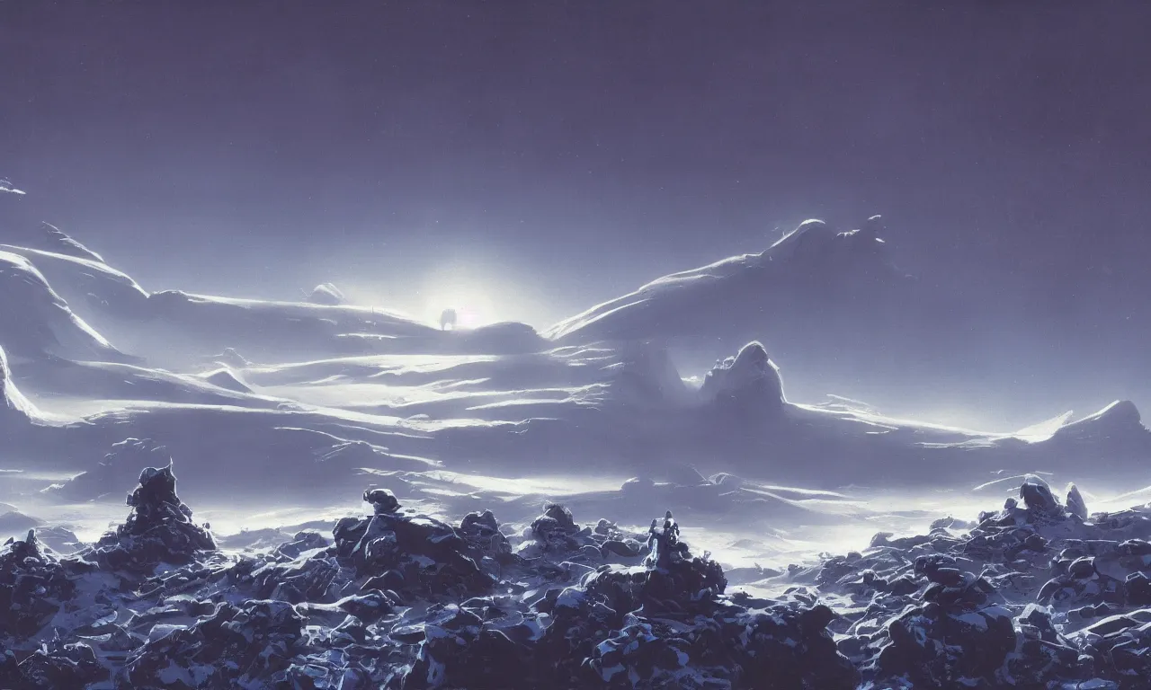 Prompt: frozen unexplored wasteland frontiers with clouds and fog on an alien science-fiction planet with distant mountains and snow by Syd Mead, Federico Pelat