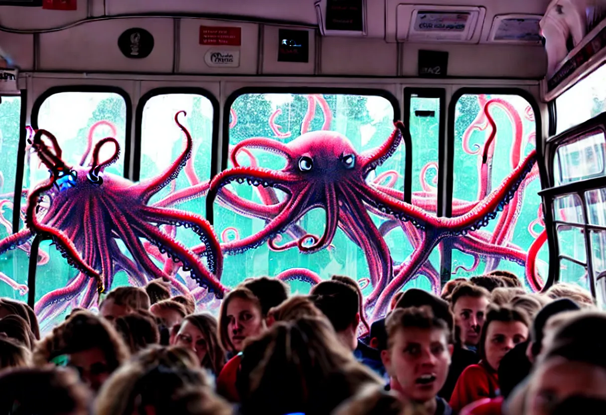 Image similar to a wide photo of a interior of a crowded bus with a huge octopus trying to get in, octopus beak can be seen, arms creeping in thrugh the windows, people are scared and screaming while trying to free through the windows and doors,