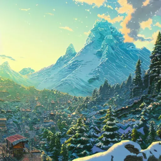 Image similar to the aesthetic view of the beautiful, grand, wistful, dreamy snowcapped mountain at dusk, hyperrealistic anime illustration by iralki nadar, colorful, extremely detailed, intricate linework, super sharp focus, bright colors, octopath traveler, studio ghibli, unreal engine 5 highly rendered, global illumination, radiant light, detailed and intricate environment