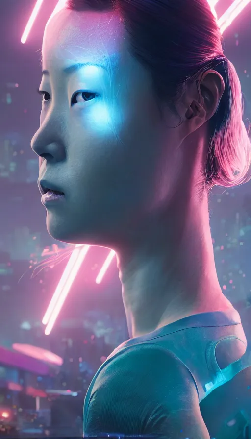 Image similar to olivia cheng, girl, altered carbon, highly detailed surreal neon big in japan vfx portrait of a android, stephen bliss, unreal engine, greg rutkowski, loish, rhads, beeple, makoto shinkai and lois van baarle, ilya kuvshinov, rossdraws, tom bagshaw, global illumination, detailed and intricate environment